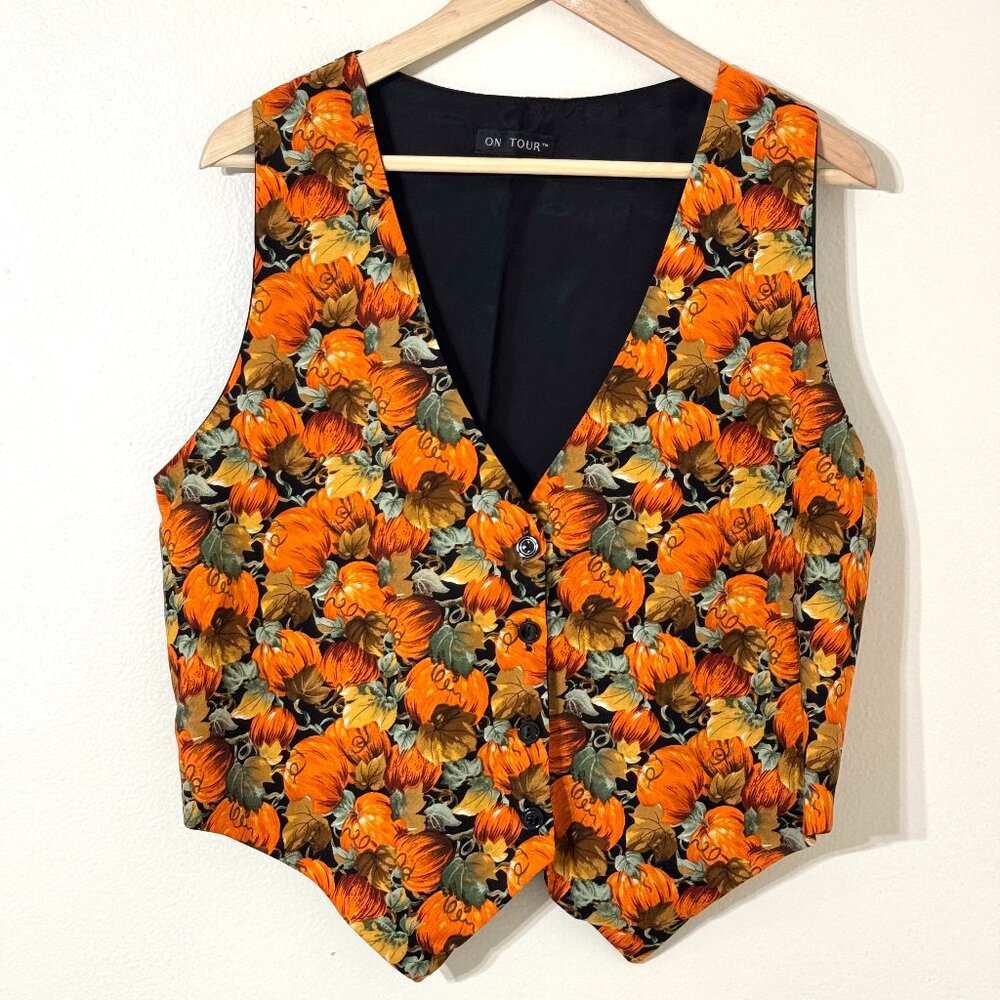 Vtg Pumpkin Halloween Vest Novelty Fall Leaves Autumn Unisex Party Thanksgiving